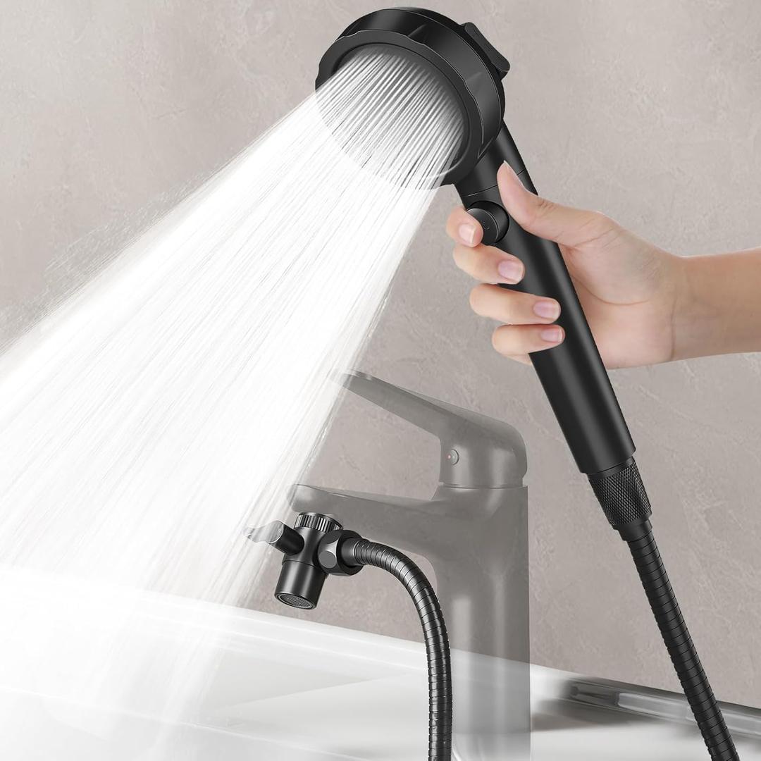 Sink Hose Attachment for Faucet with 5 Adapters, Tub Faucet Sprayer Attachment, 3 Spray Modes Shower Head with ON/OFF Button, Filtered Shower Sprayer for Tub (Matte Black)