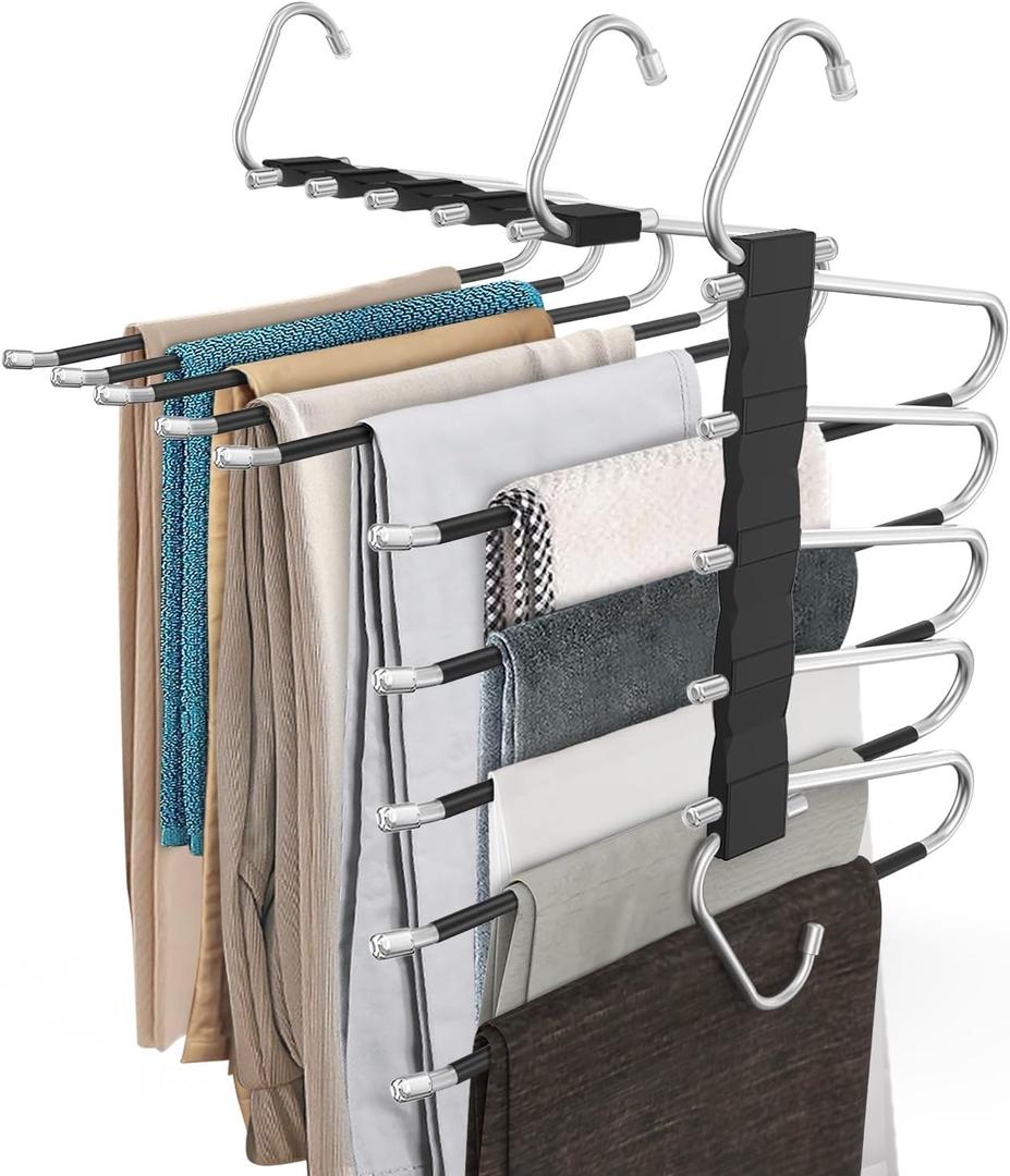 4 Pack Pants Hangers Space Saving, Anti-Slip Multi-Functional Pants Rack, Thickened Stainless Steel Tube, Two Hanging Modes Suitable for Jeans Trousers Skirts Scarf-Black