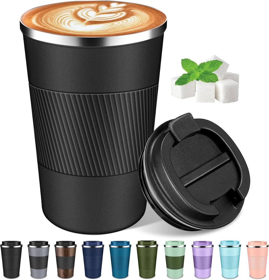 Coffee Travel Mug 12 oz & 17 oz Insulated Coffee Mug with Lid Portable Spill-Proof Coffee Travel Mug No Handle Reusable Stainless Steel Mug Keeps Cold and Hot Suitable for Car, Daily, Travel and Gifts (Black)