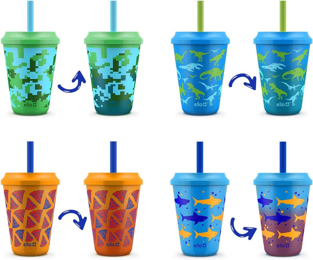 Ello 12oz Kids Plastic Reusable Color Changing Cups with Twist on Splash-Proof Lids and Straw, BPA Free, Dishwasher Safe (Rainforest, Pack of 4)
