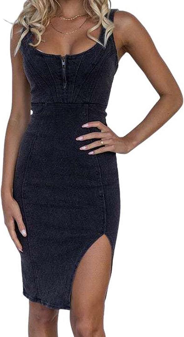 utcoco Denim Dress for Women Sleeveless Side Slit Bodycon Midi Jean Dresses for Women 2025 (X-Small, Black)