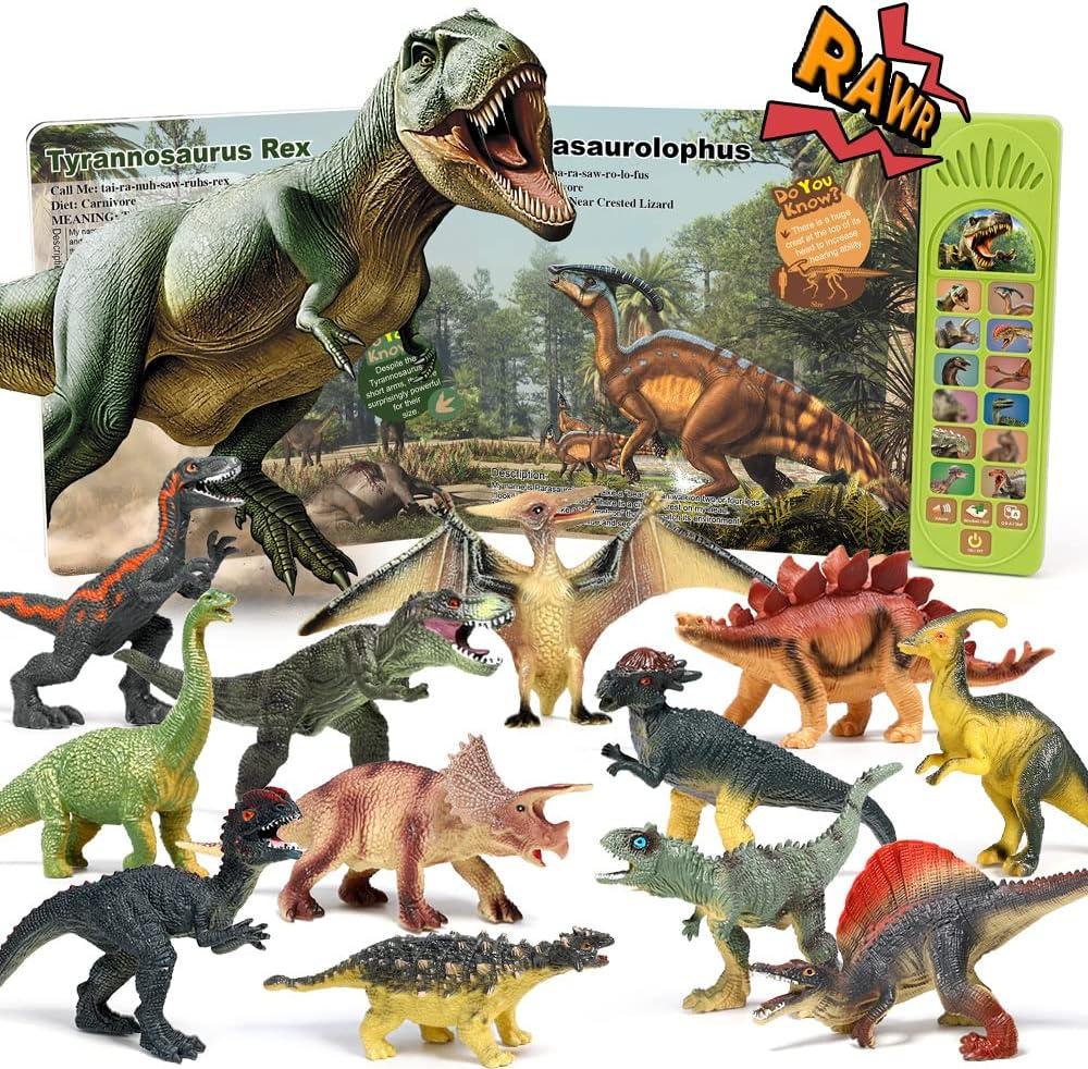 OENUX Dinosaur Toys with Interactive Sound Book for Kids 3-5, Dinosaur Book with Sound &12 Toy Dinosaurs Figures, Toddler Learning Toys for Boy, Present for Boys Girl Age 4-7