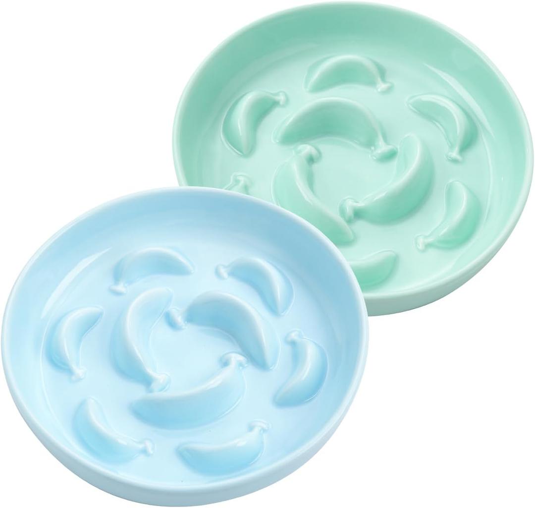 Cat Slow Feeder Bowl Set - 2 Pcs Ceramic Cat Food Plates for Slow Eating - Double Cat Dish for Dry Wet Food - Slow Feeding Cat Bowls Whisker Friendly - Microwave and Dishwasher Safe - Blue and Green