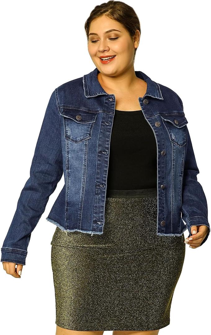 Agnes Orinda Women's Plus Size Classic Washed Front Frayed Denim Jacket (2X, Dark Blue)