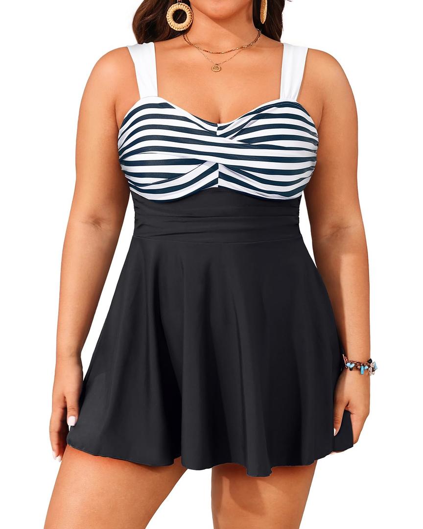 Aqua Eve Plus Size Two Piece Swimsuits for Women Tankini Bathing Suits Flowy Swim Dress with Shorts Black-Stripe 12W