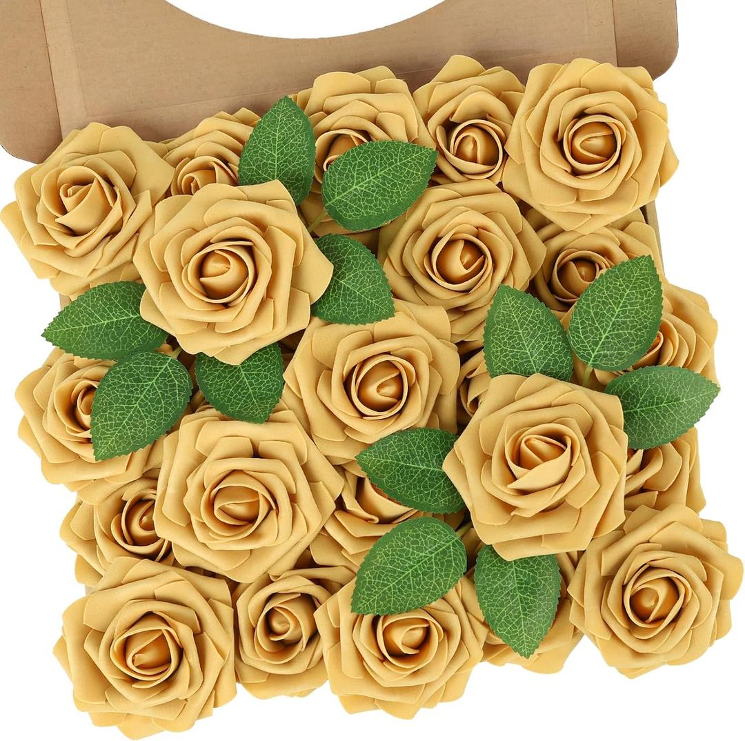 N&T NIETING Artificial Rose Flowers, 25pcs Fake Flowers Fall Yellow Rose DIY for Wedding Bridesmaid Bridal Bouquets Centerpieces Party Cake Decoration Home Display, Gold Yellow
