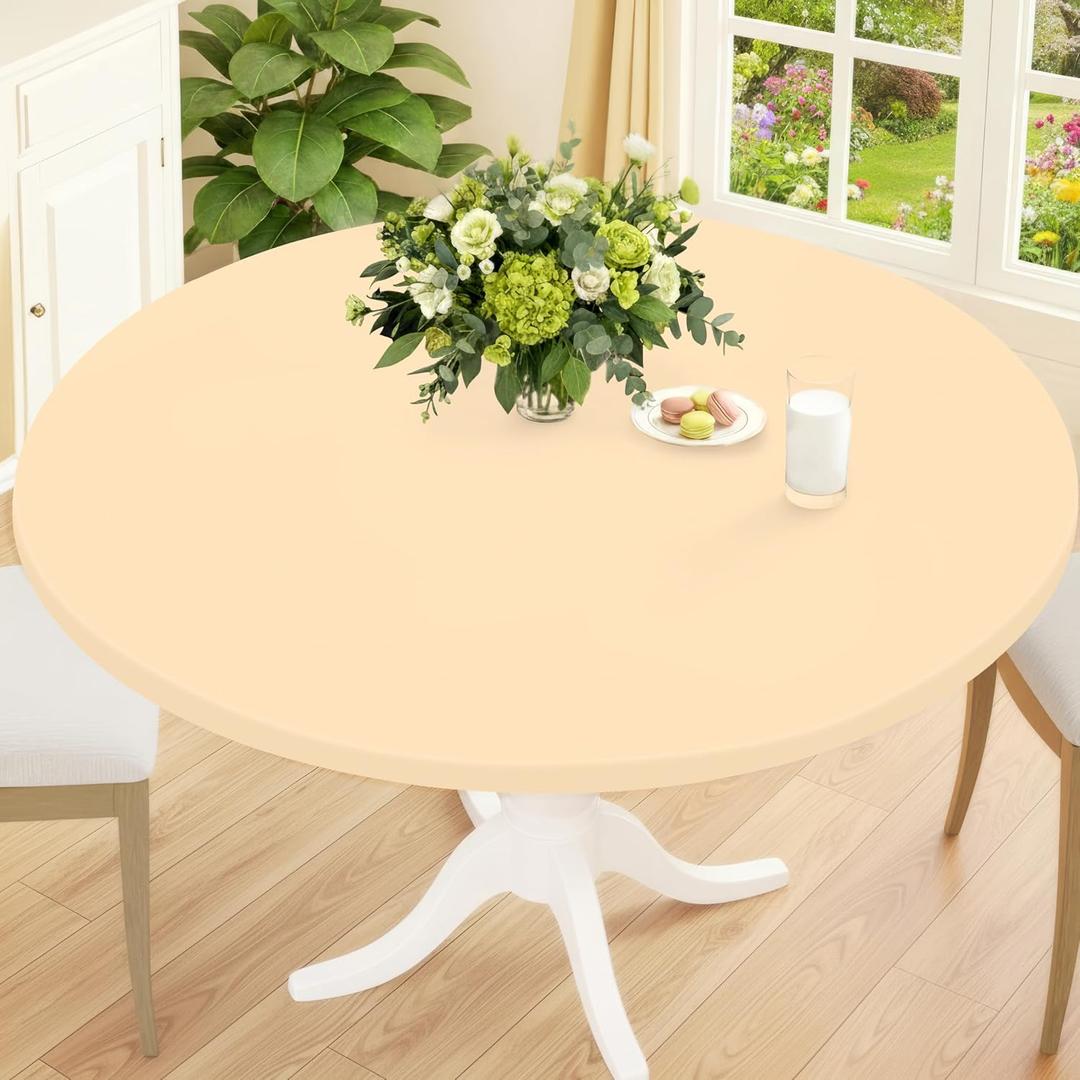 Smiry Round Spandex Tablecloth, Fitted Table Cover for 45"-56" Tables | Elastic Washable Tablecloths, Waterpoof Stretch Picnic Table Cover for Dining, Indoor and Outdoor, Ivory, For Up to 45"-56" Round