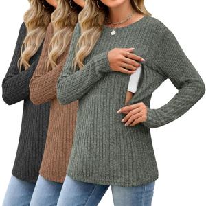 3 Pack Women's Nursing Tops Breastfeeding Shirts Long Sleeve Maternity Ribbed Sweaters with Hidden Zipper (Black, Coffee, Army Green), Medium