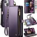 Defencase Compatible with iPhone 12Case Wallet with RFID Blocking Card Holder for Women and Men, Fashion PU Leather Magnetic Snap Flip Zipper Strap Wallet Phone Case Fit for iPhone 15 6.1", Purple