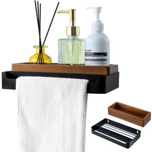 MyGift Modern Matte Black Wall Mounted Towel Rack with Acacia Wood Shelf  Metal Bathroom Storage Organizer for Towels and Dcor