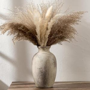 Ceramic Rustic Flower Vase, 8.27 Inch Vintage Pottery Home Decor, Antique Farmhouse Terracotta Vase for Living Room, Table, Shelf, Mantel Decoration, Farmhouse - Natural Brown