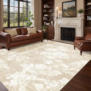 Soalmost Floral 8x10 Area Rugs for Living Room, Washable Oriental Flower Neutral Rugs with Soft Low-Pile Non-Slip Thin Throw Carpet for Bedroom Farmhouse Dining Room Nursery Home Office (8'x10',Beige)