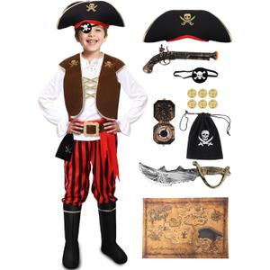Pirate Costume Set for 3-14 Years Boys, Kids Pirate Costume Set for Toddler Halloween Dressup, Themed Party Red (5-7Y)