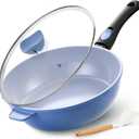 IKTU Ceramic Nonstick Deep Frying Pan, 11Inch Nonstick 4Qt Saute Pan with Helper Handle and Lid, Large Skillet Pan Induction Cookware with Detachable Handle, PFAS PFOA & PTFE Free (Sky Blue)