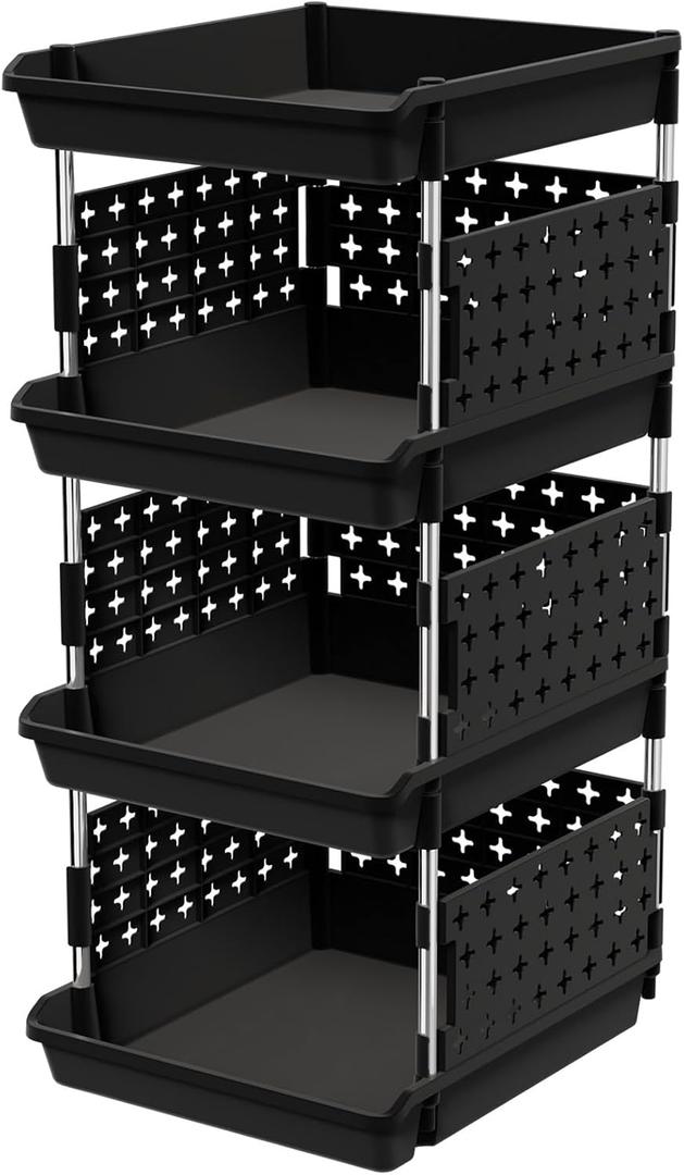 Lifewit Stackable Storage Bins, 4 Tier Stackable Baskets for Closet, Playroom, Kitchen, Food, and Pantry Organization, Large Capacity Stackable Storage Containers Shelves, 13.8 x 11.8 x 28.3 inch (Black)