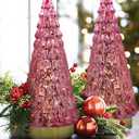 Pink Glass Christmas Tree 2pcs, Tabletop Mercury Christmas Tree with Light, Battery Operated Small Xmas Tree for Fireplace Centerpiece Decorations 10"