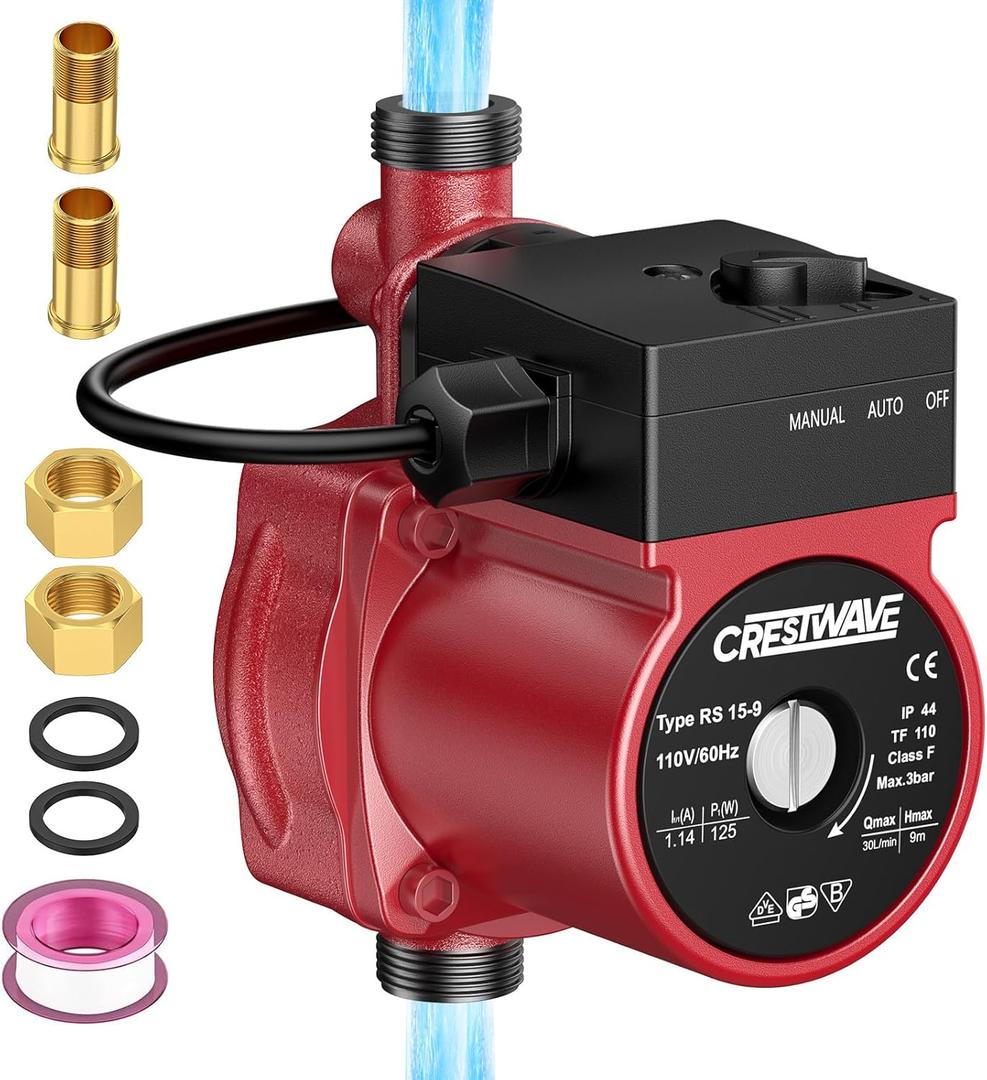 CrestWave Hot Water Recirculating Pump, 125W 115V Automatic Circulation Pump for Water Heater, Dual Control Modes for Domestic Hot Water Recirculating System