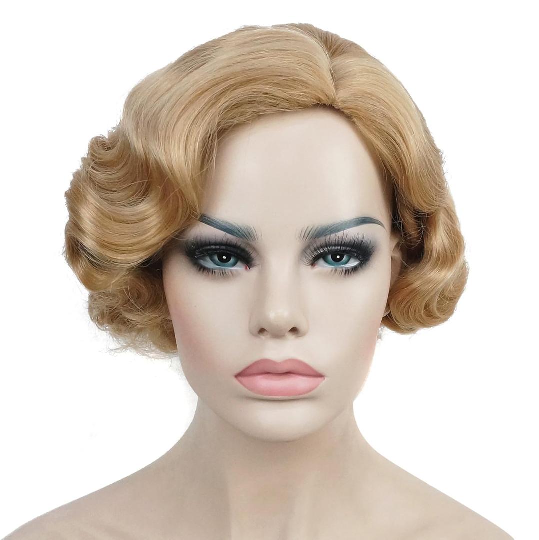 Lydell Vintage Cosplay Party Wig Light Butterscotch Short Finger Wavy Flapper Hairpiece