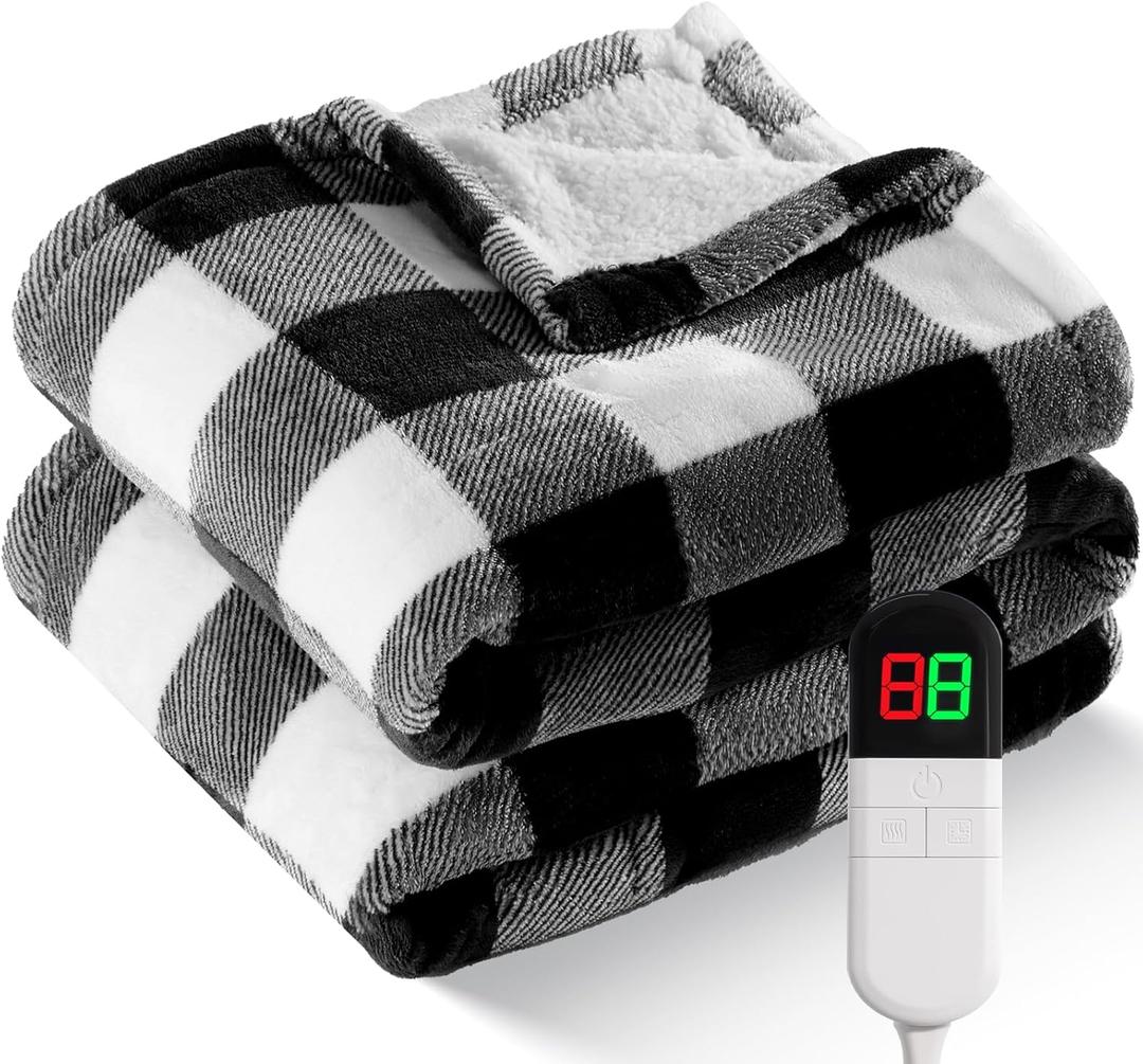Electric Heated Sherpa Buffalo Plaid Christmas Throw Blanket with 8 Heating Levels & 8 Hours Auto Off, Fast Heating Warm Plush Washable Blanket with Over-Heat Protection, ETL Certification, Black (Throw-50" x 60")