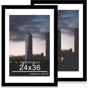 24x36 Poster Frame Set of 2, 24 x 36 Wood Picture Frames with Mat for 20x30, Wooden Photo Frame with Tempered Glass Cover for Wall Mounting Display, Black