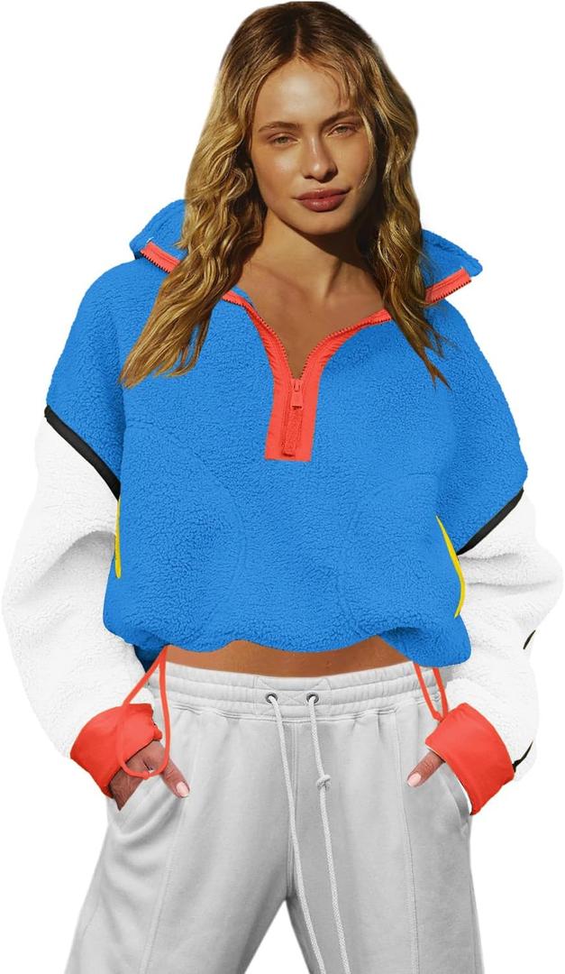 LAMISSCHE Half Zip Sweatshirt Women Oversized Sherpa Jacket V Neck Fleece Pullover Hoodie with Pockets, Size: Small