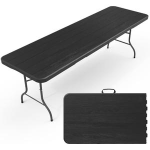 8 Ft Plastic Folding Table,Heavy Duty Portable Table for Indoor & Outdoor,Wood Grain Desktop & 400lbs Weight Capacity,Premium Solutions for Camping,Picnic,BBQ and Party (8 ft (1-Pack) - Black)