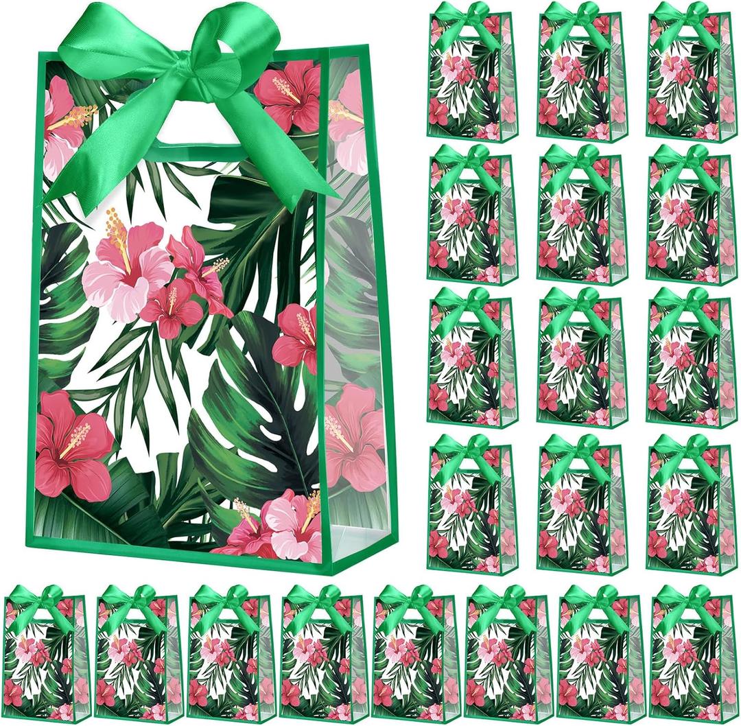 Geyoga 24 Pcs Hawaii Aloha Gift Bags for Party Favors Clear Reusable PVC Treat Goodie Bags with Handles and Ribbon for Baby Shower Birthday Wedding Supplies Decors, 7x10x3.15 Inch