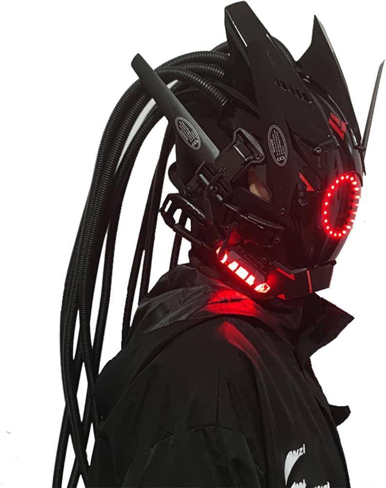 KYEDAY Punk Mask Cosplay for Men, Round Light with Braids Mask Cosplay Halloween Fit Party Music Festival Accessories (Red) Large