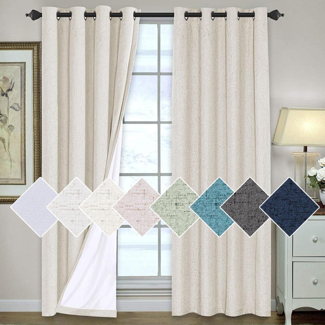 H.VERSAILTEX 100% Blackout Curtains for Bedroom 96 Inches Long Grommet Linen Face Full Light Blocking Curtain Drapes for Living Room Thermal Insulated Linen Look Curtains 2 Panels Set, Antique White