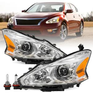 Headlight Assembly Fit for 2013 2014 2015 Nissan Altima 4-Door Sedan Halogen Replacement Chrome Housing Amber Reflector Driver & Passenger Side Bulbs Included