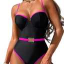 Sexy One Piece Swimsuit, Color Block High Cut, Vacation Pool Party, Bathing Suit Cheeky Underwire, Extra Large, Black Neon Pink)