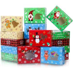 Cholemy 50 Pack Christmas Treat Gift Boxes Holiday Xmas Cookie Box Loaf Pastry Box with Clear Transparent Window with Lids Xmas Party Favor Supplies (Multi Color, 8.27 x 5.91 x 2.76 Inches)