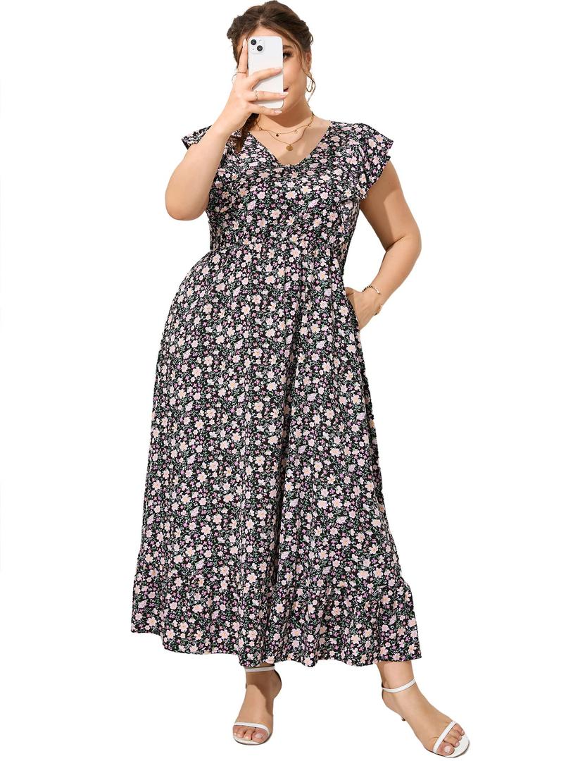 KOJOOIN Women's Plus Size Summer Dress with Pocket Ruffle Cap Sleeveless V Neck Side Split Long Beach Maxi Dress Black Flower 3XL (Black, XXXL)