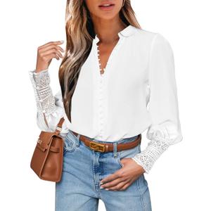 Fallorchid Women's Lace Long Sleeve Tops Button Down Shirts Dressy Casual Blouses Fall Fashion Clothes (X-Large, White)