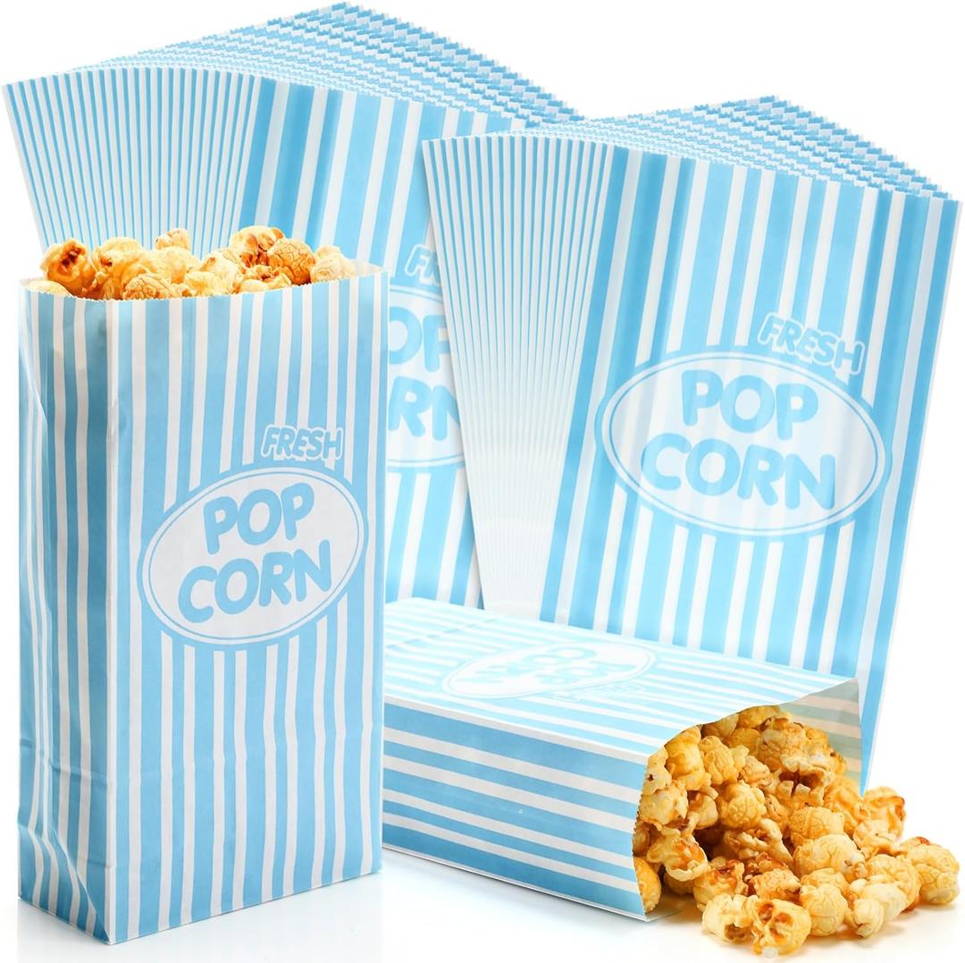 200 Pcs Paper Popcorn Bags Bulk 2 oz Large Individual Servings Popcorn Bags Flat Bottom Disposable Container Sleeve Vintage for Movie Night Themed Party Carnival Supplies (Light Blue)