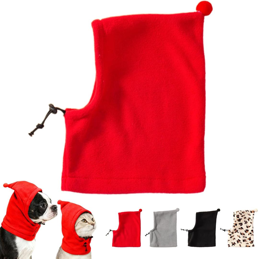 Pet Neck Warmer with Hat, Leopard Print, Adjustable Drawstring, Soft Polyester, for Dogs and Cats (Red, Medium)