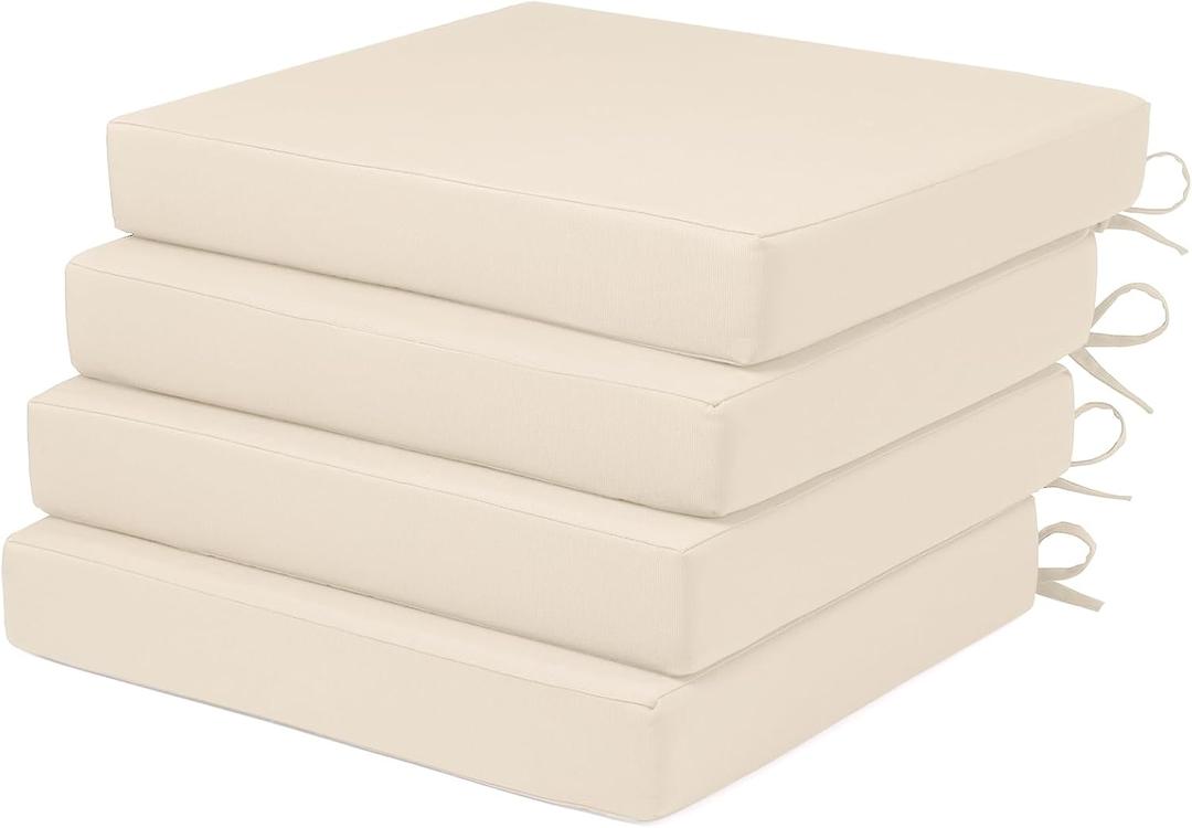 Outdoor Chair Cushions Set of 4 Fade Water Resistant, Patio Furniture Cushions with Non-Slip Ties, Square Cushions for Outdoor Furniture and Lawn Dining Chairs, 18.5 x 16 x 3, Beige