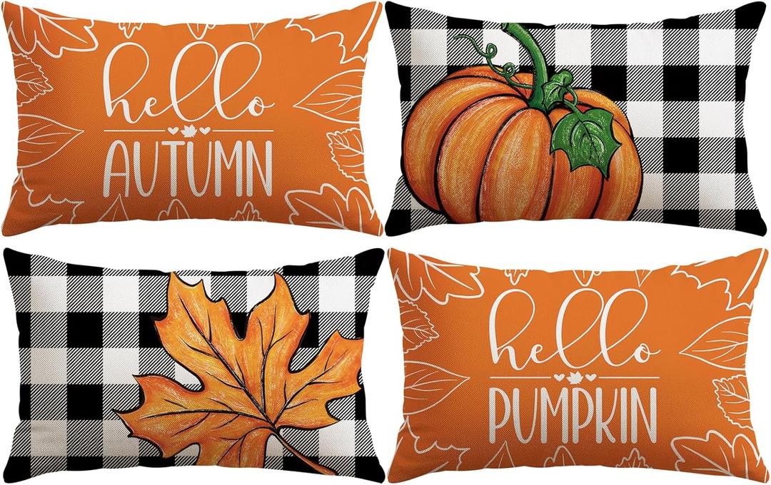 Artscope Fall Decorative Throw Pillow Covers 12x20 Inch Set of 4 Fall Gifts for Home Decor, Buffalo Plaid Autumn Pumpkin Maple Leaves Harvest Decoration Pillow Cases for Home Sofa Couch Decor-Orange A