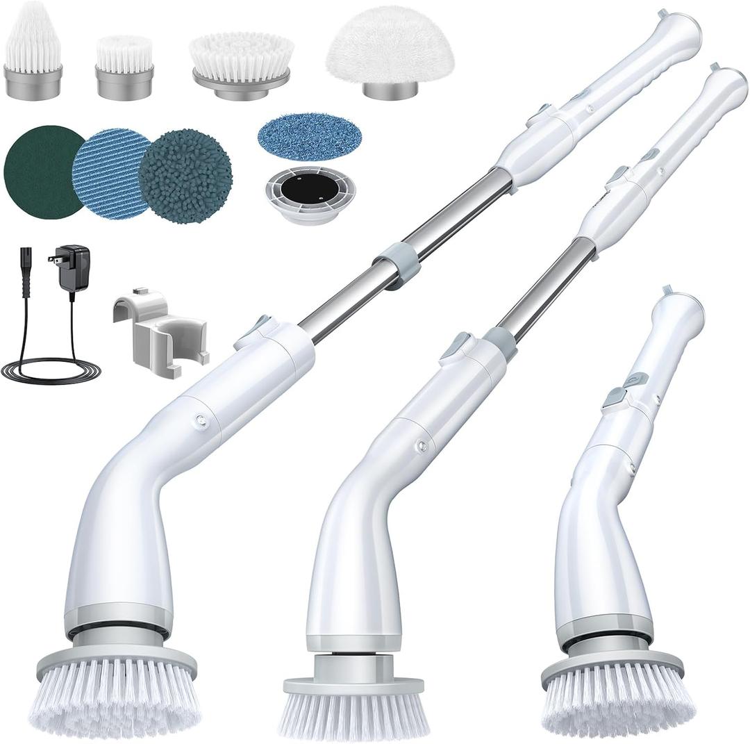 LABIGO Electric Spin Scrubber, Cordless Cleaning Brush Scrubber with 7 Replaceable Brush Heads and Adjustable Extension Handle, IPX7 Waterproof Power Cleaning Brush for Bathroom Tub Floor Tile Shower (Crisp-white)