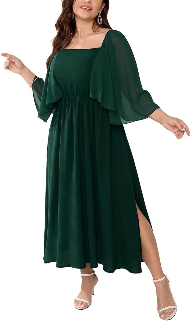Womens Plus Size Cocktail Party Dress Square Neck Flutter Sleeve Split Elegant Formal Flowy A Line Maxi Dresses
