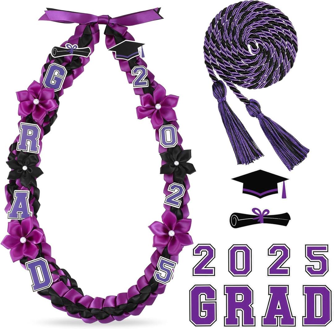 Graduation Ribbon Lei Class of 2025 Grad Lei Kit Graduation Double Braided Necklace with Honor Cord for Graduate Women Men High School College Grad Party Supplies(Purple, Black)