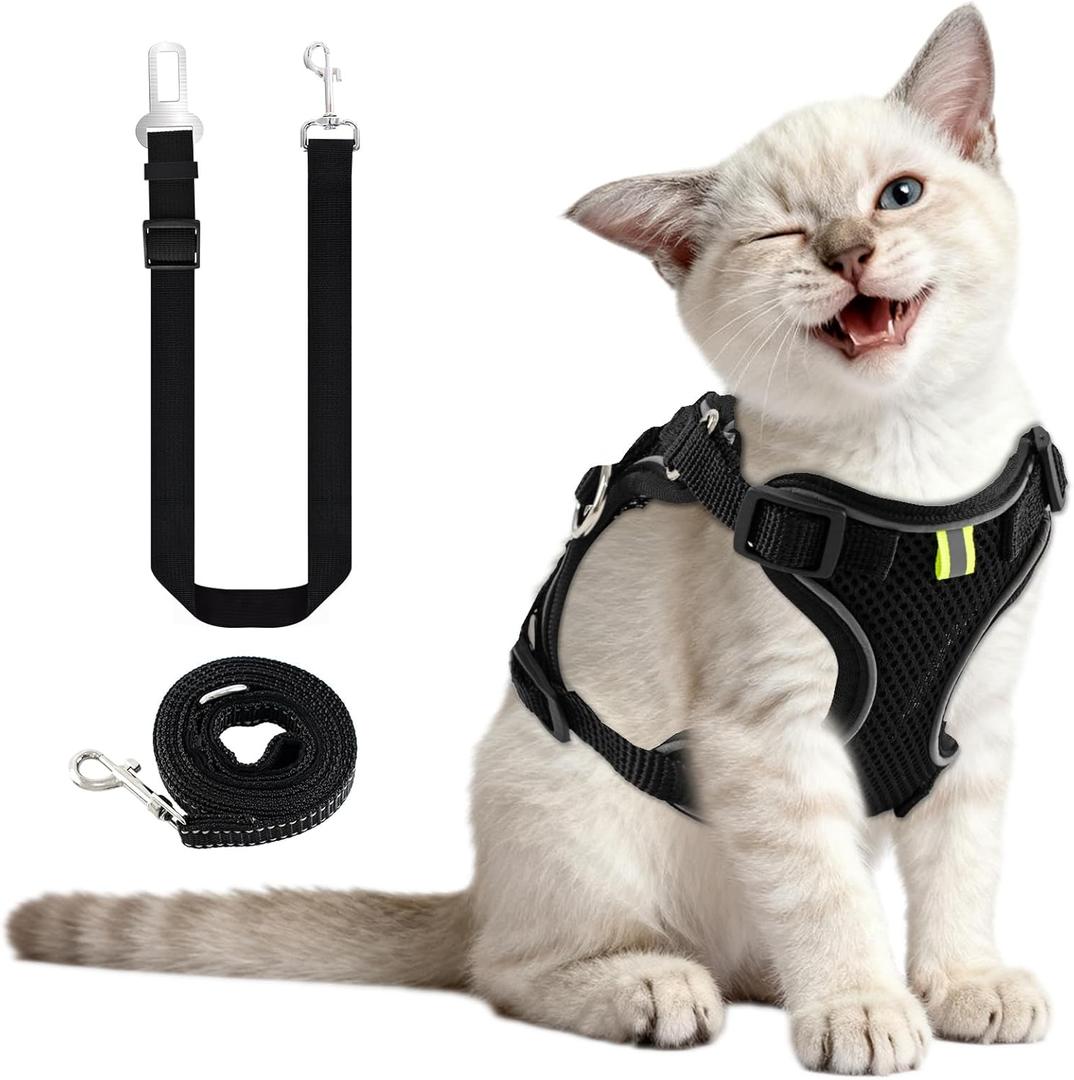 Kitten Cat Harness and Leash Set, Escape Proof Soft 4-Adjustable Cat Walking Vest Harness, Reflective Strips in Harness for Kitty Puppy Bunny Car Travel, with Car Seatbelt Leash (Black, S)