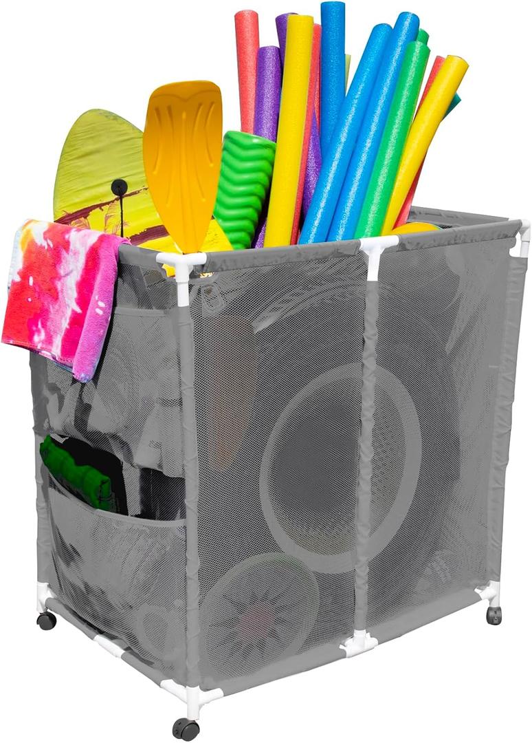 Pool Noodles Holder, Toys, Floats, Balls and Floats Equipment Mesh Rolling Storage Organizer Bin, (18.5" D x 33" W x 46" H), White , 455102