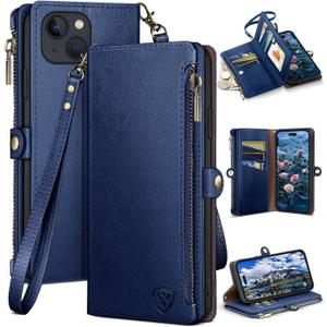 XcaseBar Compatible with iPhone 15 6.1" Wallet case with Zipper Credit Card HolderRFID Blocking,Flip Folio Book PU Leather Phone case Shockproof Cover Men Women for Apple 15 case Blue