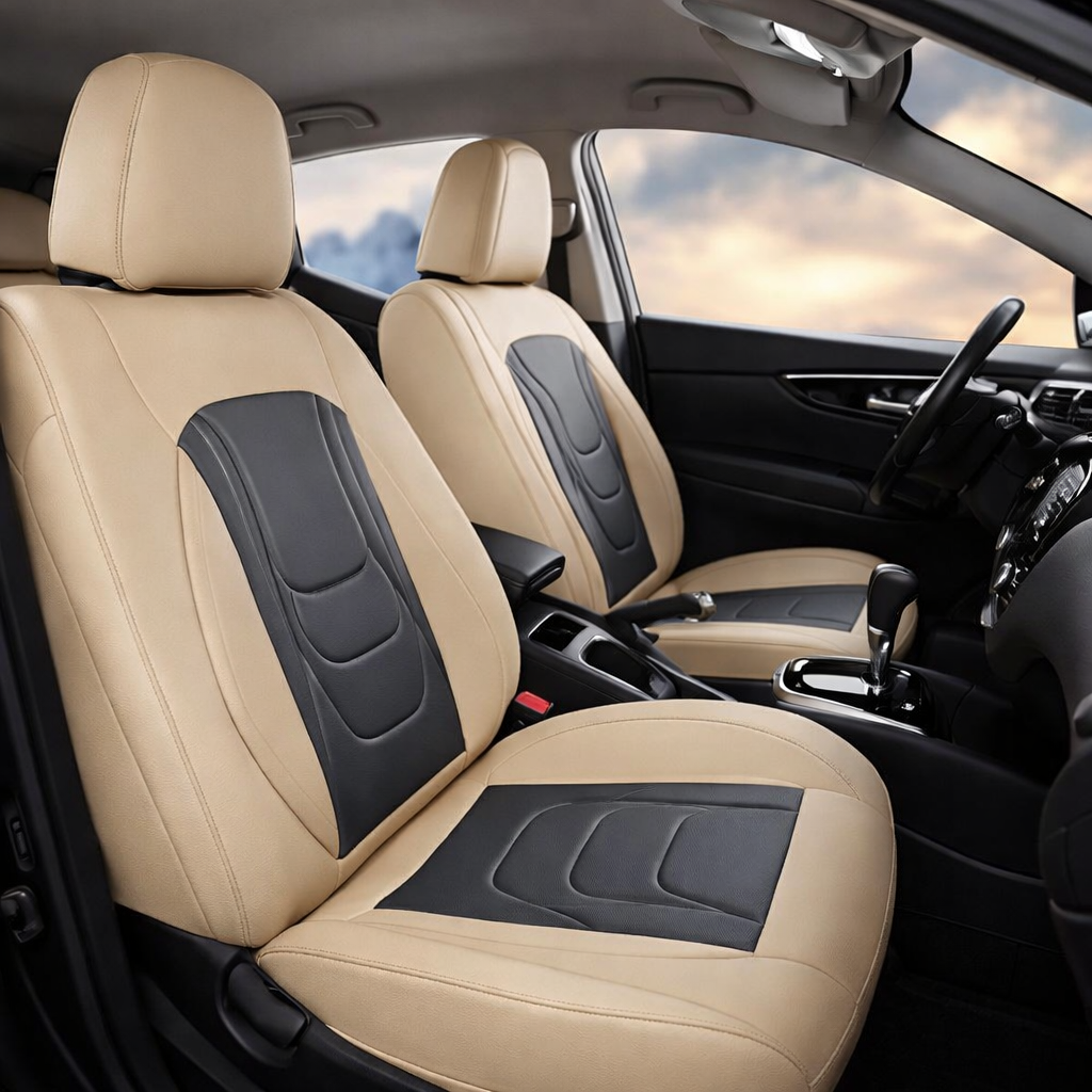 FREESOO Car Seat Covers Full Set - Faux Leather Automotive Seat Protector Waterproof, Universal Fit for Most 5 Seat Car Sedan SUV Pick-Up Truck (Beige-Black)