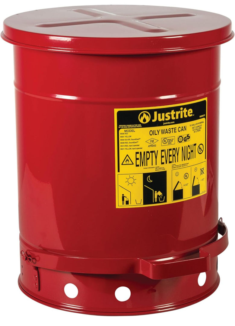 Justrite 10 Gallon Galvanized Steel Oily Waste Can, 18" x 14" Metal Oil Rag Safety Can With Foot Operated Self-Closing Lid for Oil Rag Disposal, Made in the USA, Red, 09300