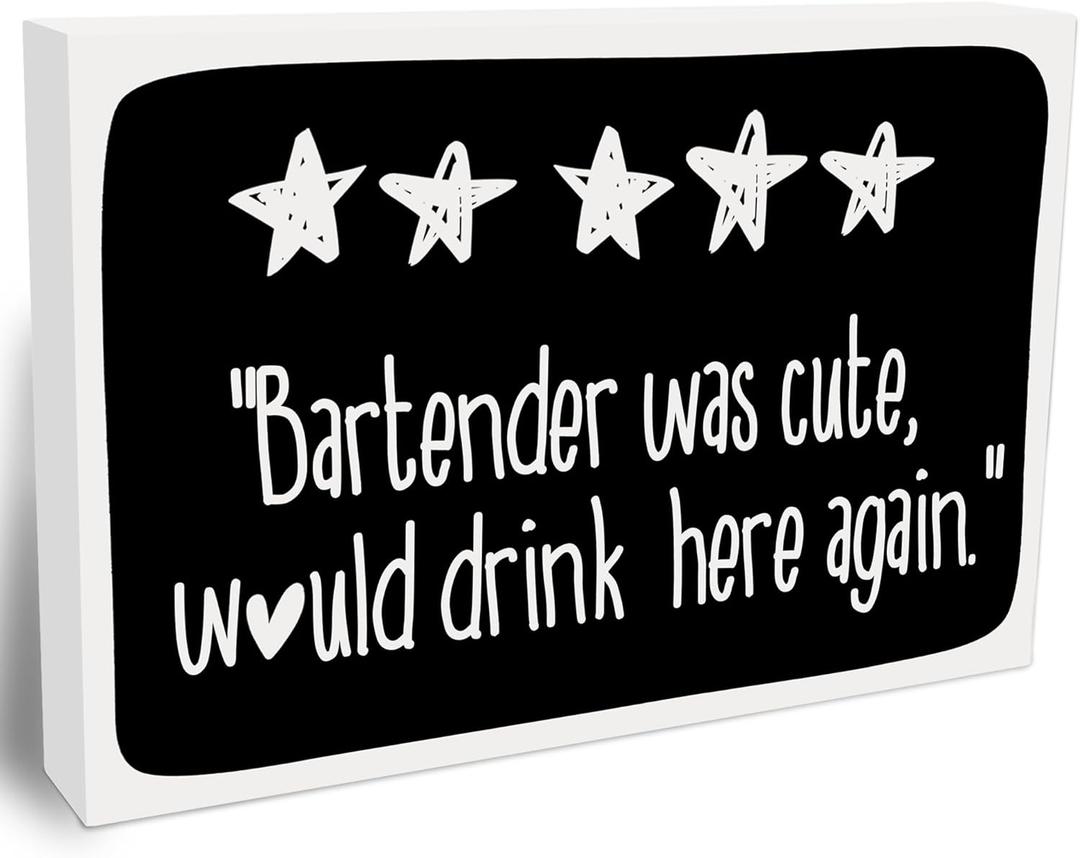 Bartender Was Cute Would Drink Here Again Wooden Block Sign-4"x6" Gray Block Plaque Tabletop Decor-Rustic Wood Sign Gifts For Friends Bartender-Kitchen Bar Desk Decor Favors & Supplies-A10