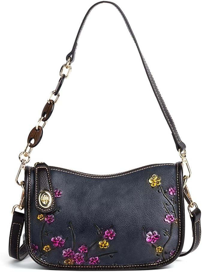 Genuine Leather Shoulder Bag for Women: Vintage Cowhide Leather Crossbody Purse - Flower Embossed Underarm Bag (Black)