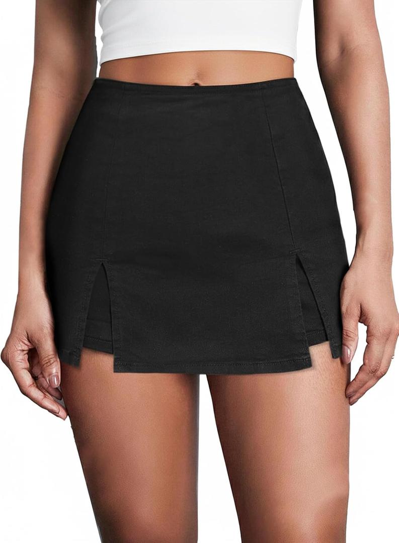 Avanova Women Double Slit Jean Skort Bodycon Mini Skirt Denim High Waisted Short Skirts M