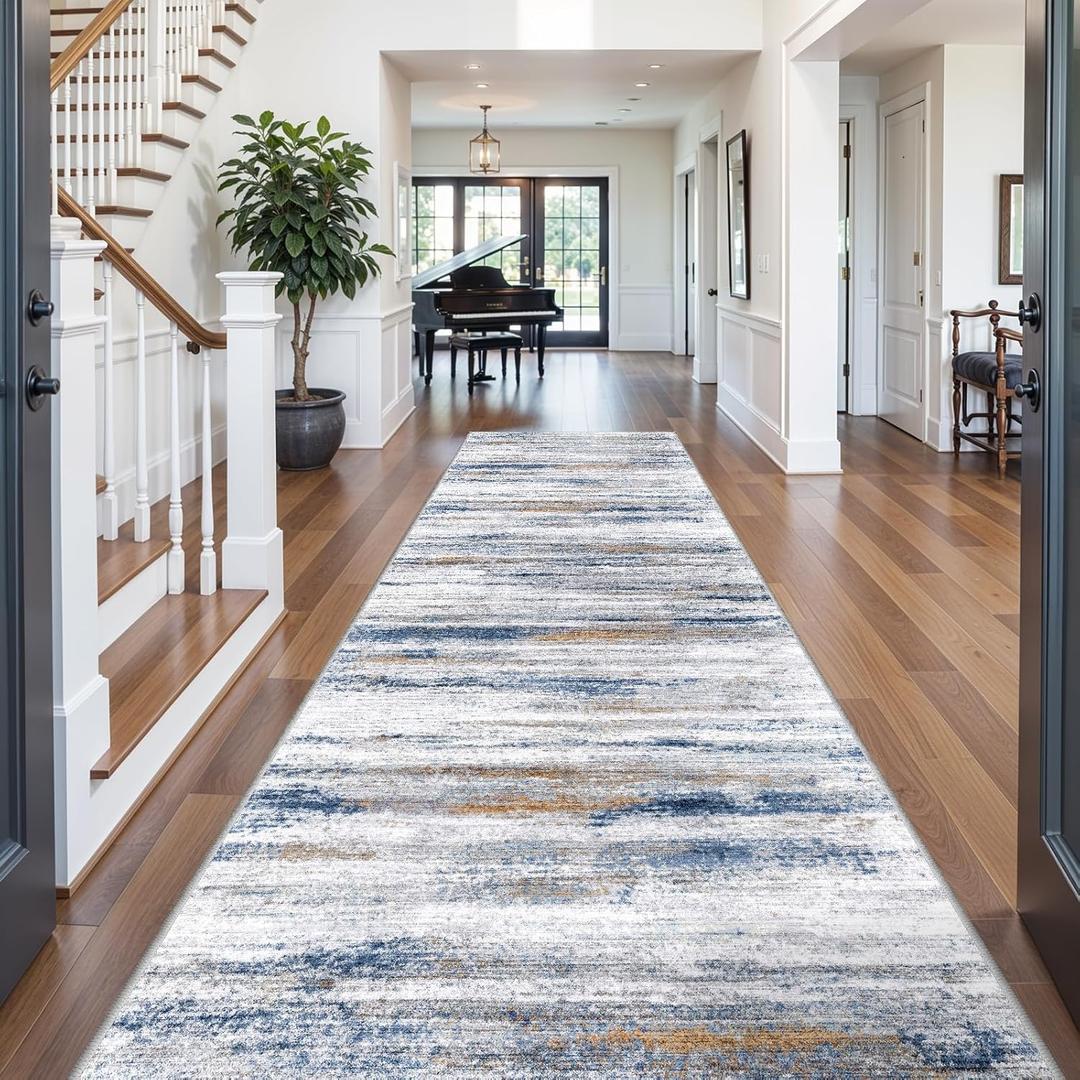 5x12 Runner Rug for Wide Hallway: Long Washable Runners for Entryway Living Room Dining Room  Stain and Water Resistant Rugs with NonSlip Backing  Soft LowPile Carpet Navy Grey